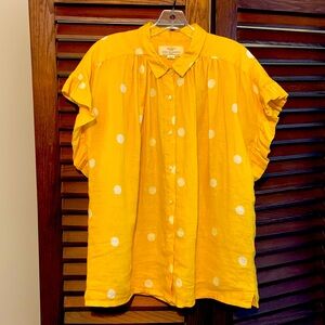 Trovata Linen Polka Dot Ruffle Sleeve Blouse, size Large